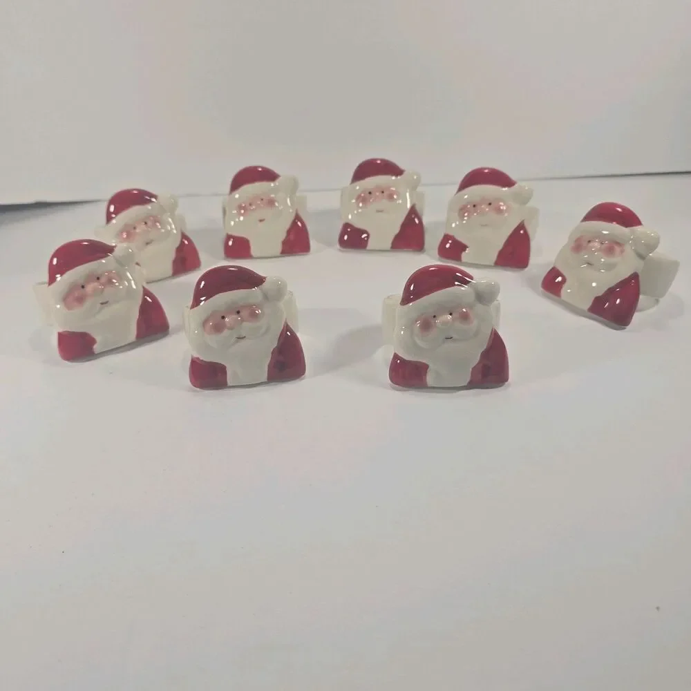 8 Vintage Santa Claus Ceramic 80's Christmas Table Napkin Rings/Holders